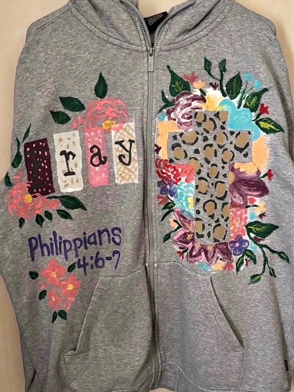 Women’s Upcycled Gray Hand painted Floral Faith Based Graphic Zip Hoodie